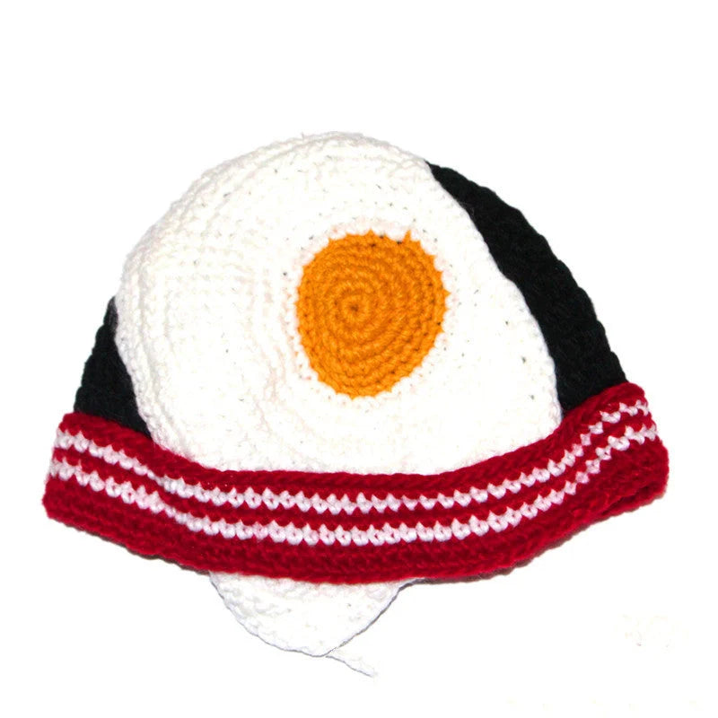 Hand-knitted egg hat in white, perfect for winter warmth and party costumes