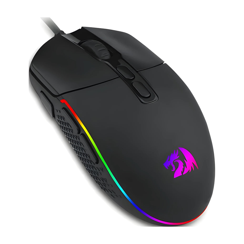 Black wired gaming mouse with nine buttons and four-way scroll wheel on a desk