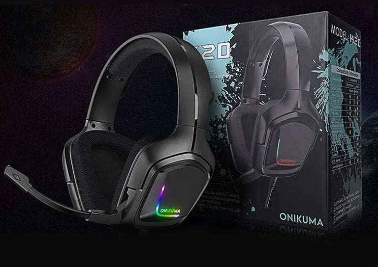 K20 RGB luminous wired gaming headset with microphone and cloth earmuffs.