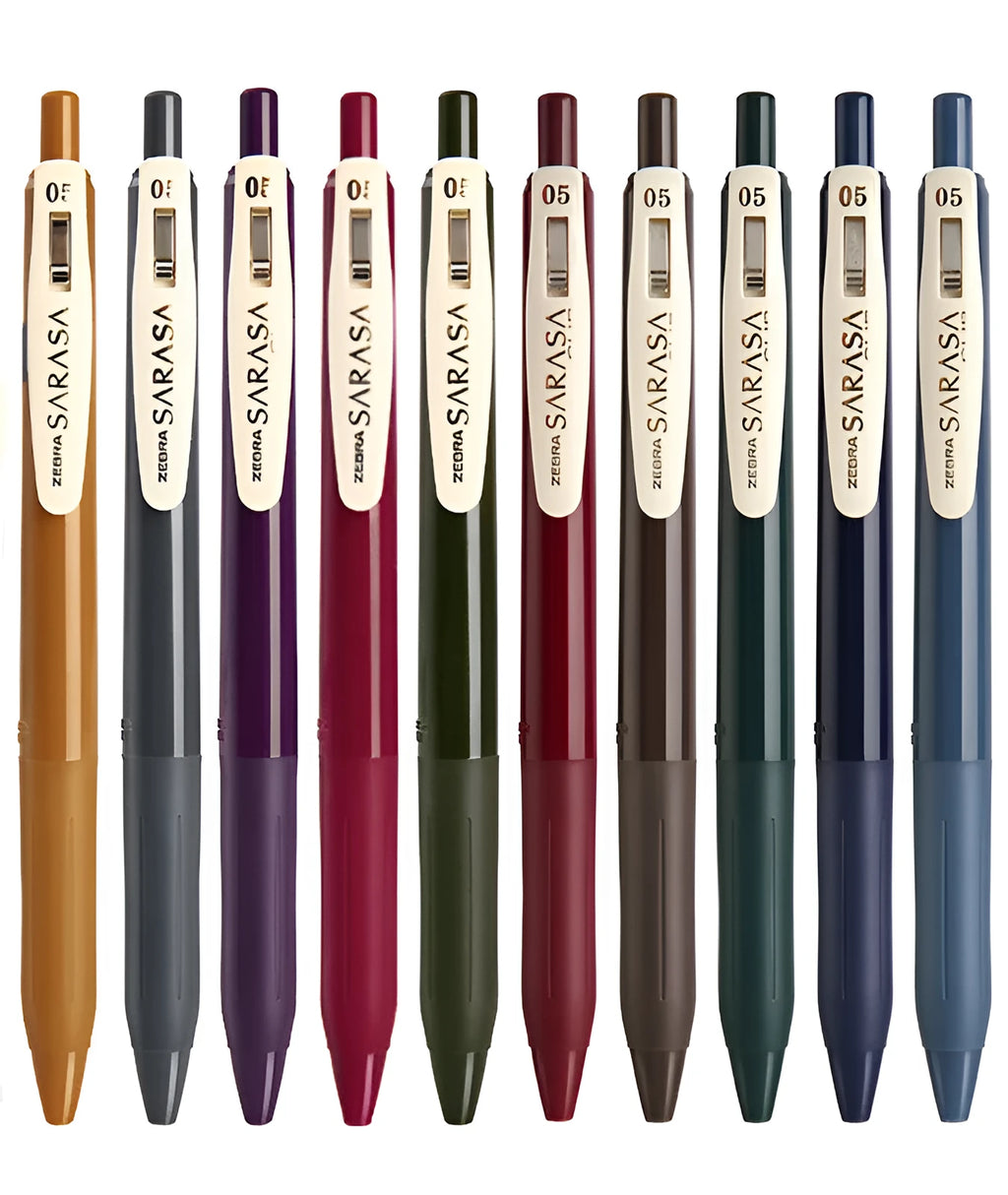 Press The Water 0.5mm bullet gel pen in various retro colour options on a white background.