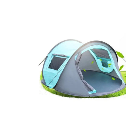 Blue ash automatic pop-up camping tent deployed showing interior space and fibre glass pole structure
