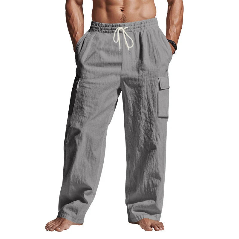 Men's multi-pocket linen pants in various colours
