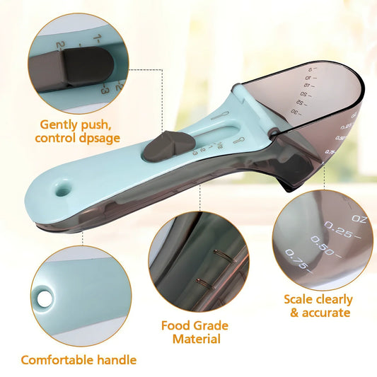 Blue adjustable measuring spoons with magnetic base showing measurement markings from 5ml to 130ml