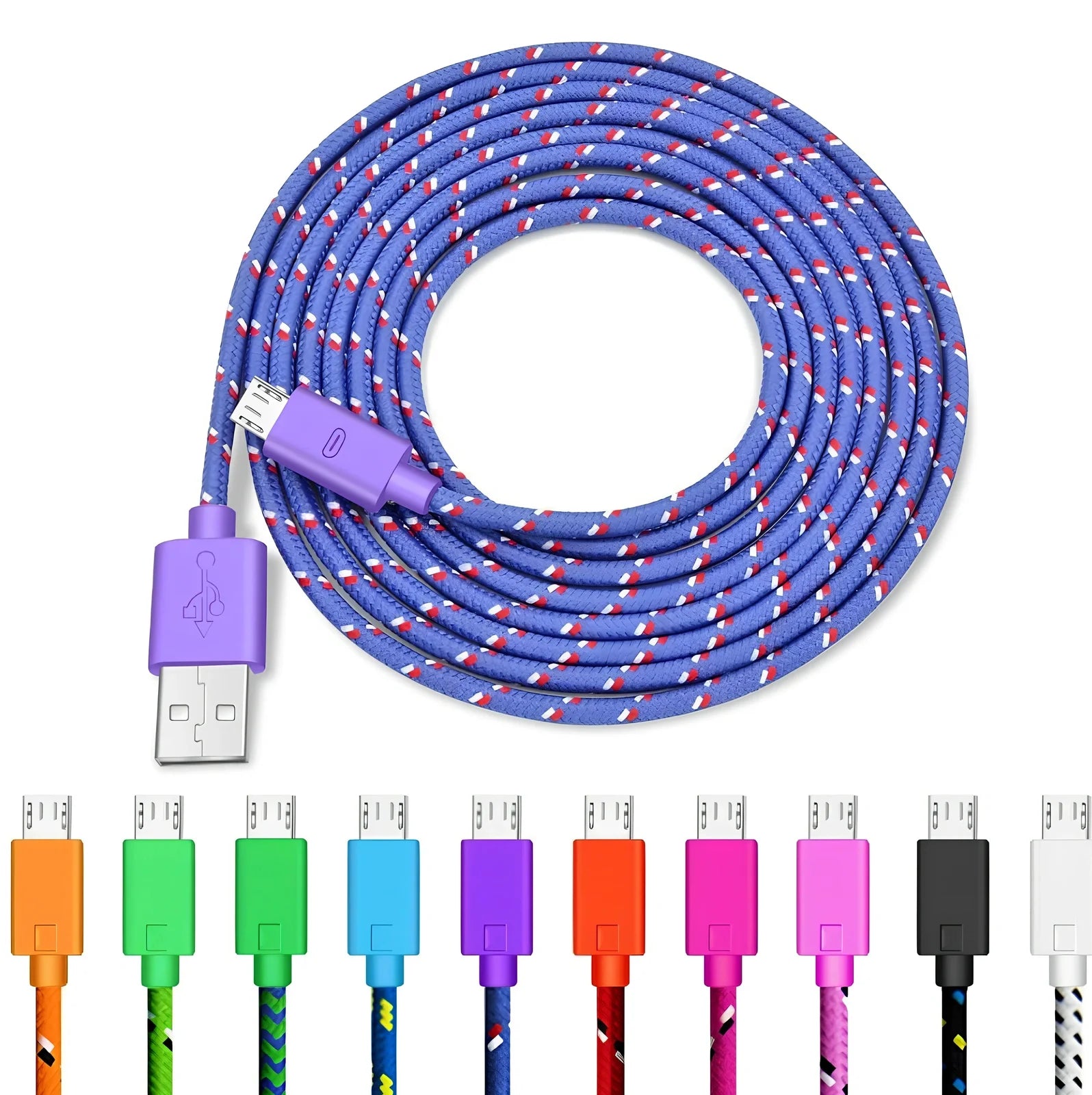 Woven nylon cloth data cable in multiple colours showing Android micro and USB-C connector options