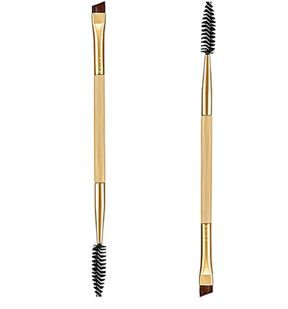 Double-ended eyebrow brush with bamboo handle and golden tube, rayon bristles for precise application and spiral head for blending brows and lashes