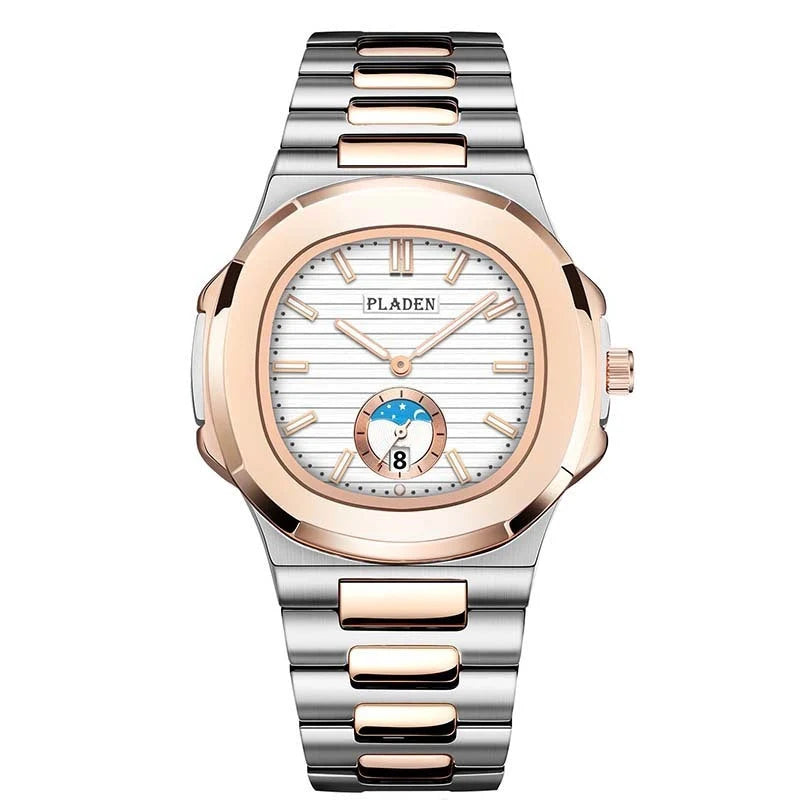 Men's waterproof quartz watch with stainless steel strap and luminous display