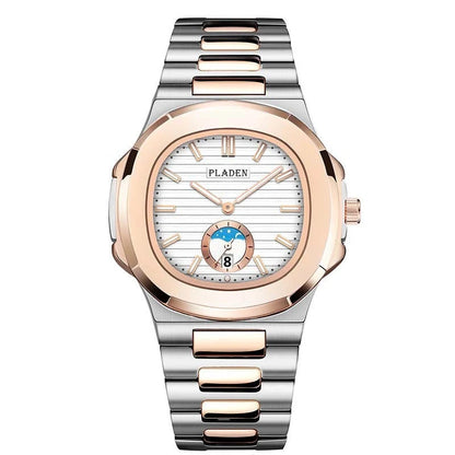 Men's waterproof quartz watch with stainless steel strap and luminous display