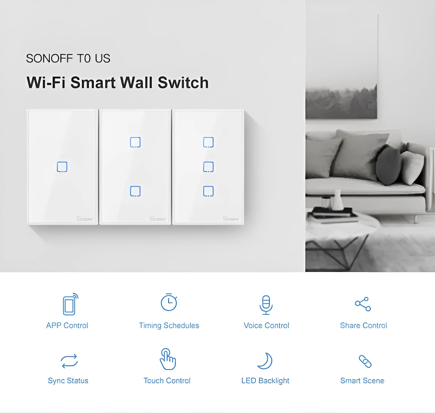 Smart wall switch with tempered glass touch panel, 120mm mounting hole spacing, white finish