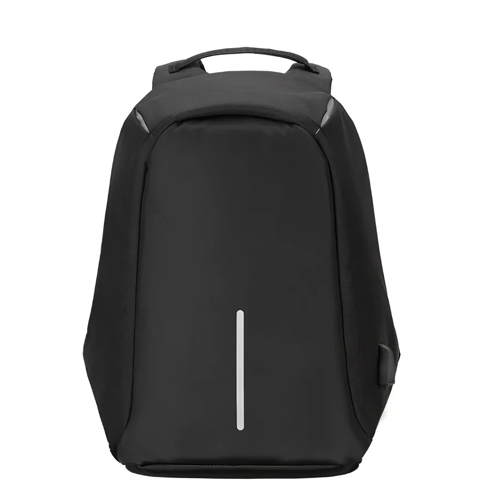 Black anti-theft travel backpack 26x43x11cm with 20-35L capacity, lockable zippers, Oxford fabric for business use