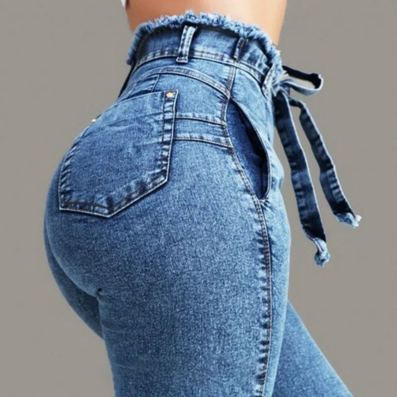 Women's fringed jeans in cowboy denim showing raw hem detail, available in grey, dark blue, and light blue.