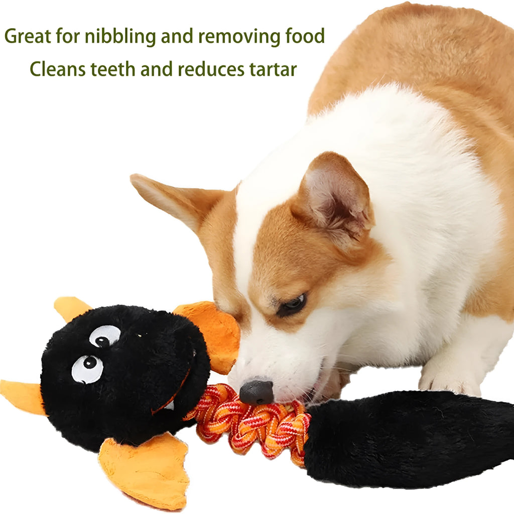 Interactive plush dog toy with squeaker and crinkle paper in black, green, or red, measuring 44cm.