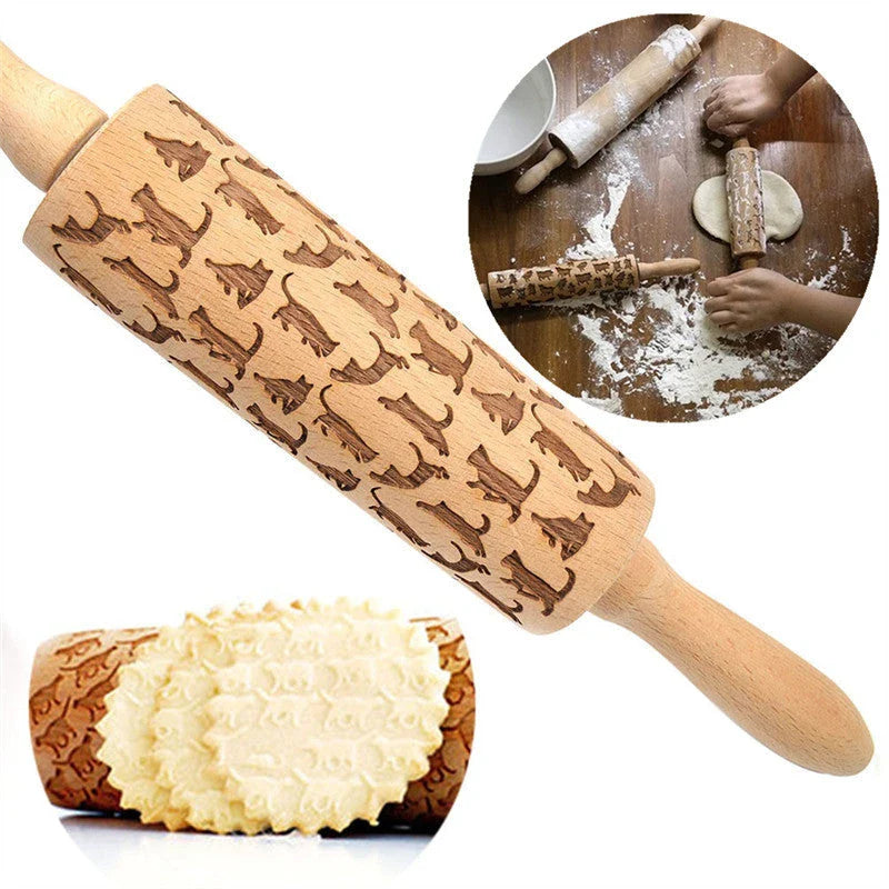 Wooden Christmas embossing rolling pin with non-stick surface for festive baking
