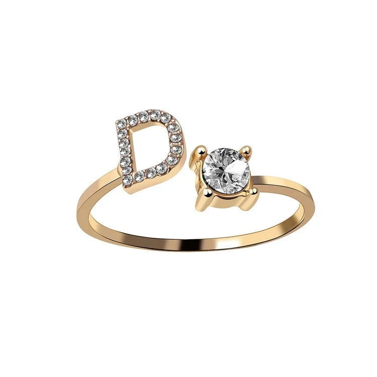 Elegant 26-letter adjustable initial ring in gold, silver, and rose gold finishes