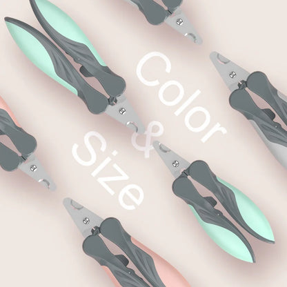 Pet dog nail clippers with stainless steel blades and soft rubber grip in pink, green, and grey