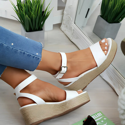 Women's summer platform sandals with slope heel in black, gold, leopard or white colours