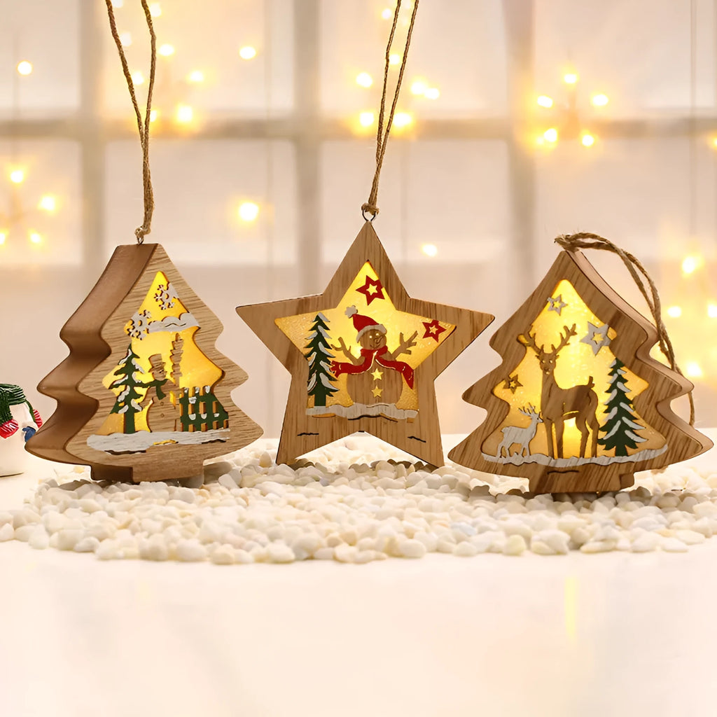 Set of four laser-cut wooden Christmas tree-shaped decorations including old man, snowman, deer, and five-star snowman in polychromatic colours