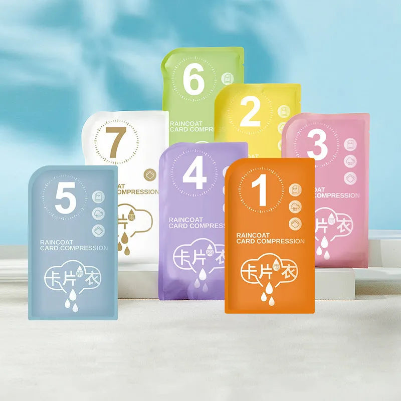 Disposable raincoat folded in card format showing adult and children's sizing options