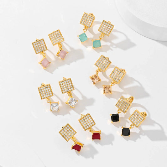 Square zircon stud earrings in six colours: black, red, green, white, champagne, and pink.