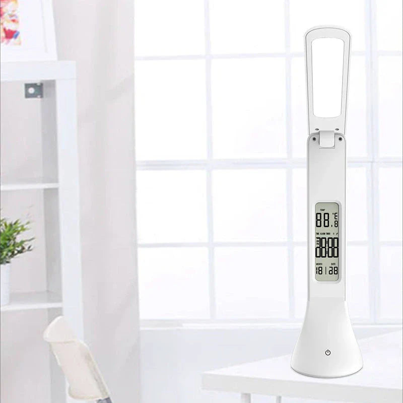 Adjustable LED desk lamp with digital display for time, date, and temperature