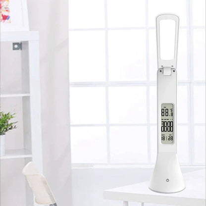 Adjustable LED desk lamp with digital display for time, date, and temperature