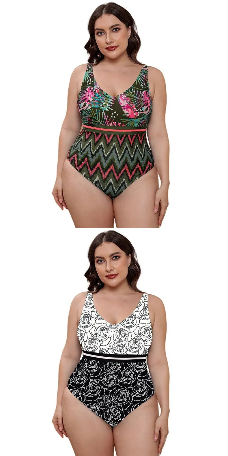 Women's blue printed one-piece swimsuit with spaghetti straps and a striped vest design laid flat.