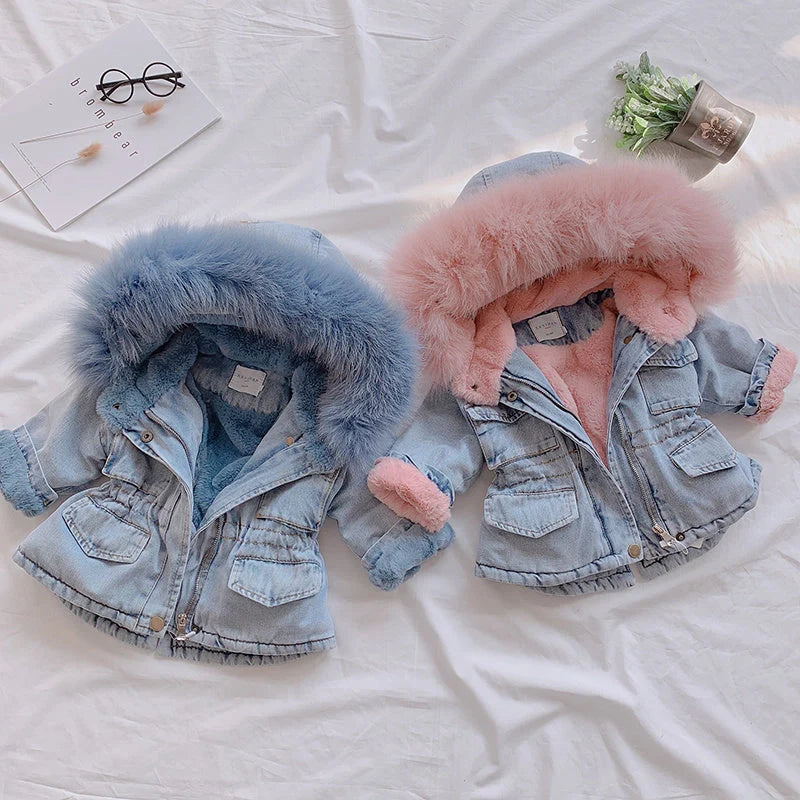 Girl denim coat in blue and pink with plus velvet lining and attached hat
