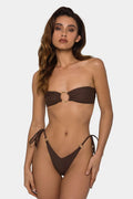 Brown women's tube top bikini swimsuit with an adjustable ring tether and split design.