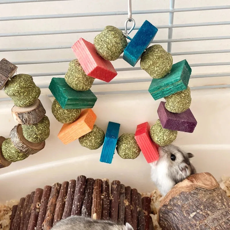 Hamster toy decorative ring with Applewood and colour sequin straw balls for small pets