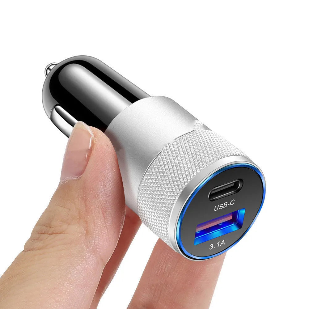Aluminium alloy dual USB car charger with compact 2.5x6cm dimensions