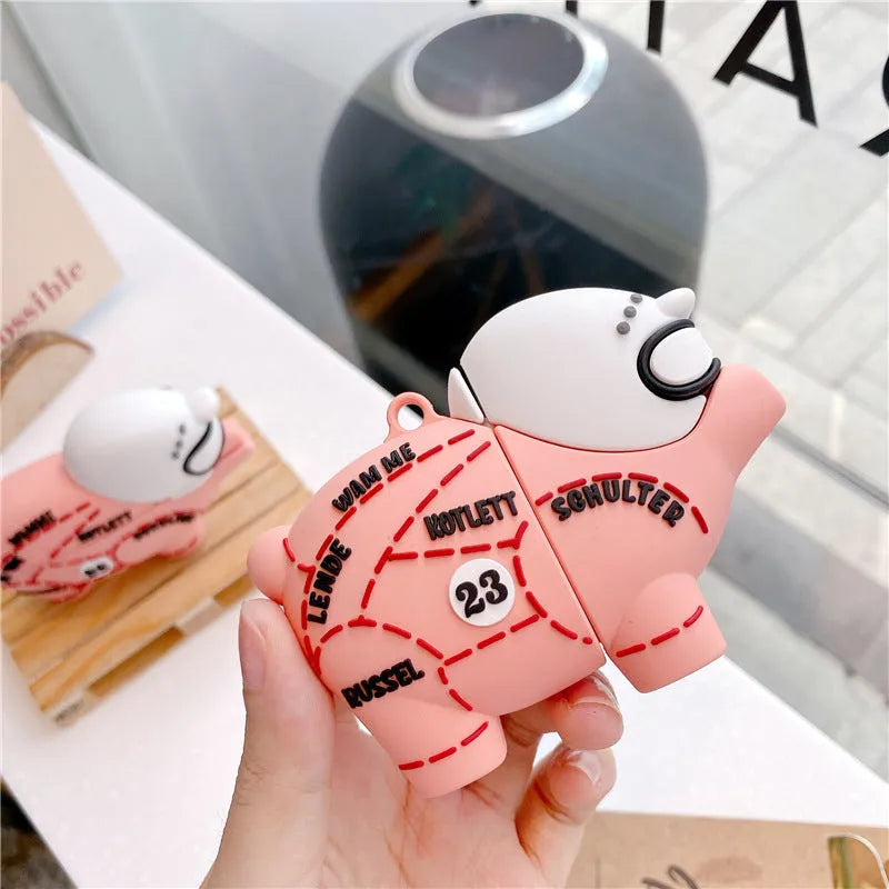 Pink piggy silicone earphone sleeve for AirPods with clamshell design and hook