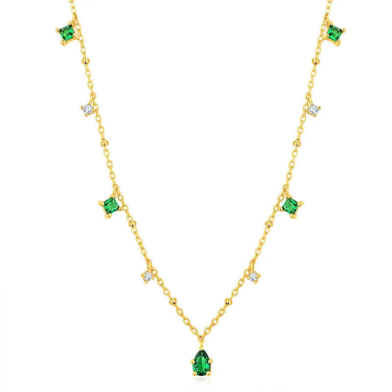 Generous water drop emerald zircon necklace with sterling silver chain, Korean style jewelry