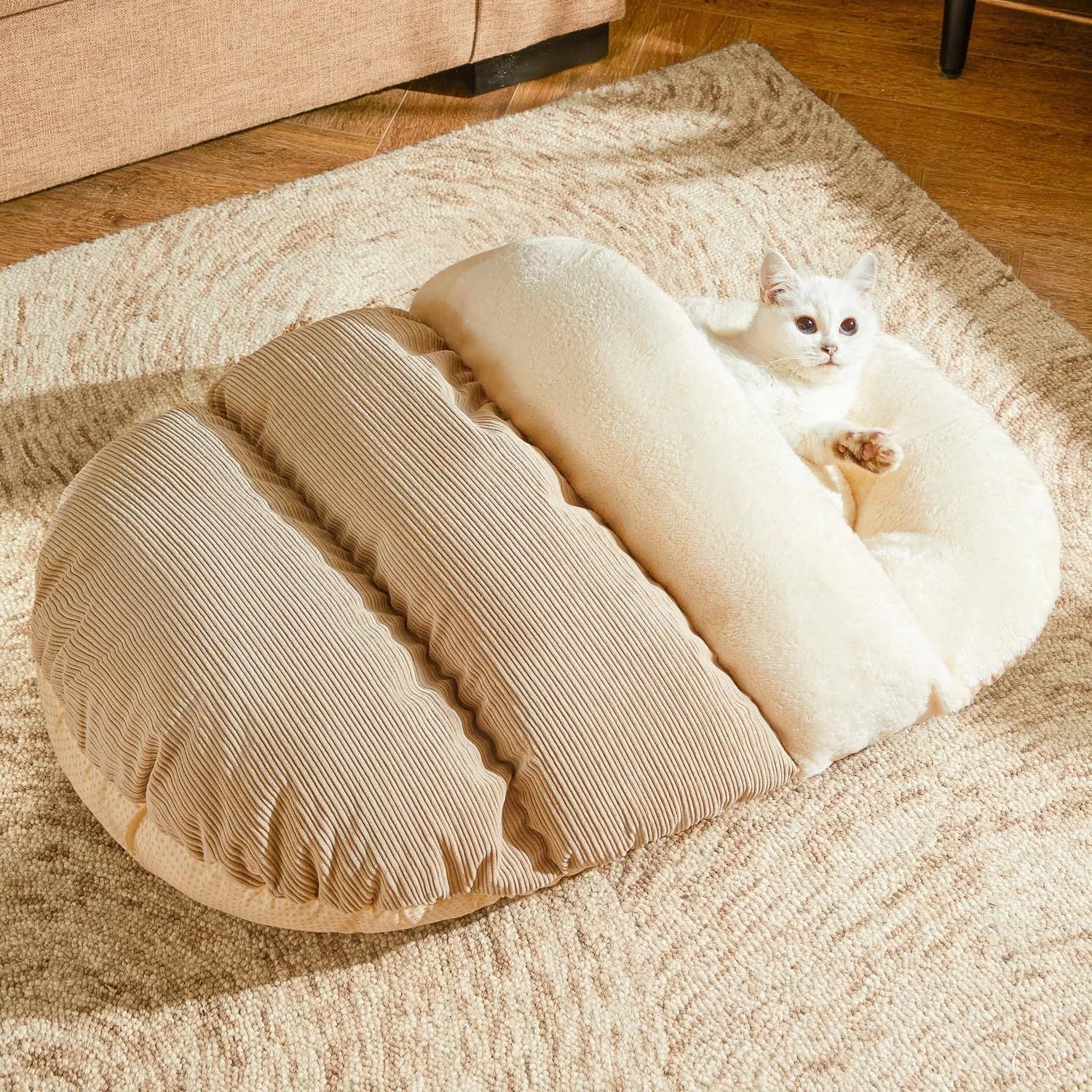Slipper-shaped pet bed for cats and dogs with corduroy exterior and self-warming material