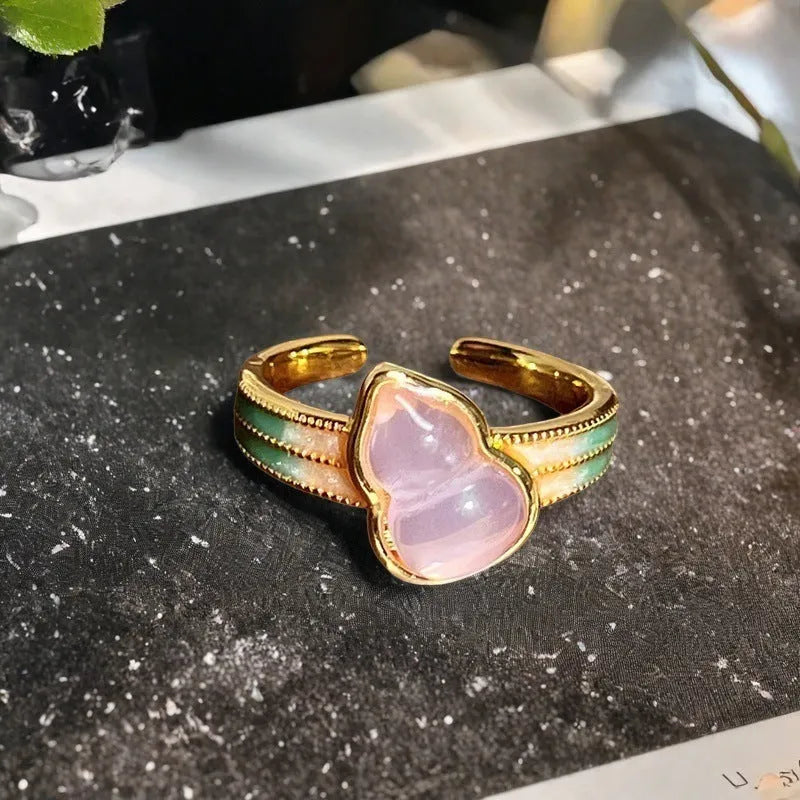 Adjustable copper ring with a vintage gourd, flower, and bow design in a new Chinese style.