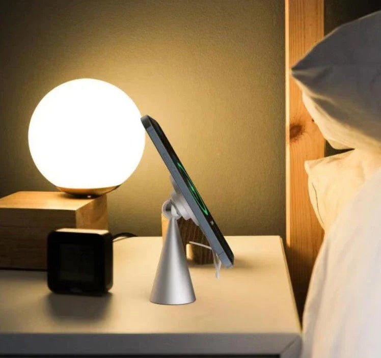 Magnetic desktop phone stand for iPhone Pro Max with wireless charging feature