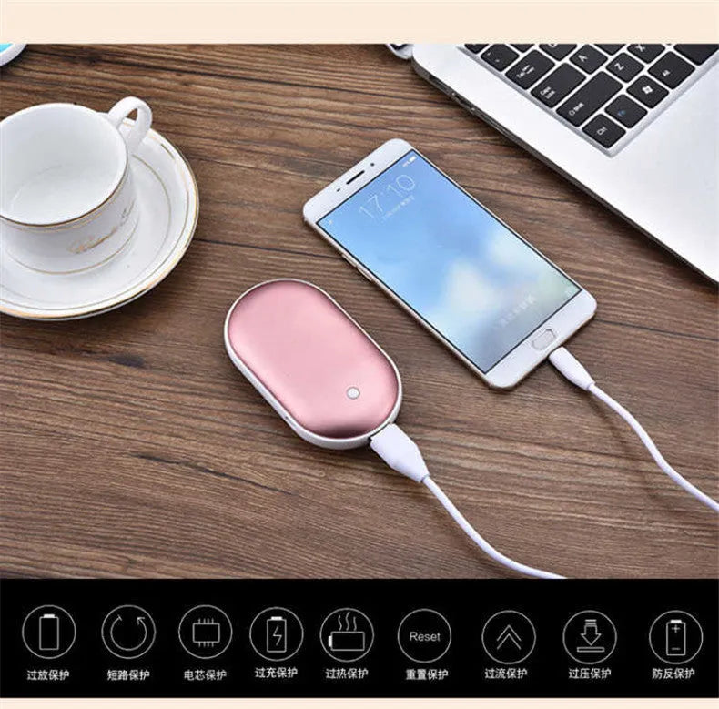 Macaron USB charging hand warmer power bank in aluminium alloy casing with double-sided heating and indicator light