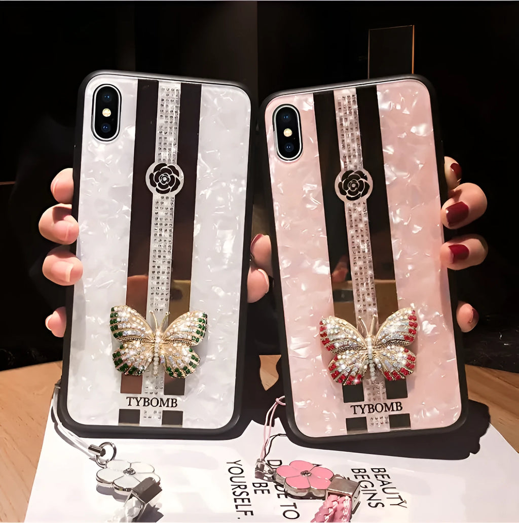 Acrylic iPhone case with butterfly diamond design and mirror in purple colour.