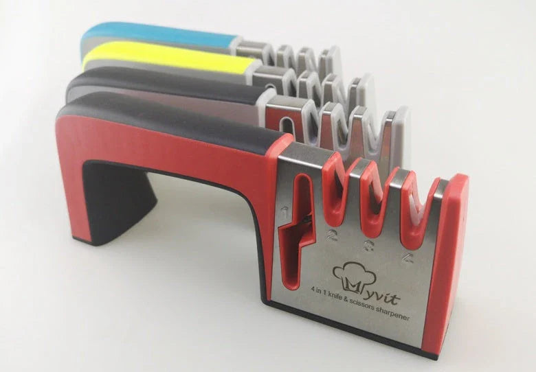 Four-in-one kitchen knife sharpener in multiple colours with diamond, ceramic, tungsten steel, and scissors grinding options