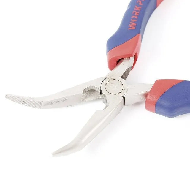 Curved nose pliers with blue double-colour rubber-sleeved handles for precision electronic work