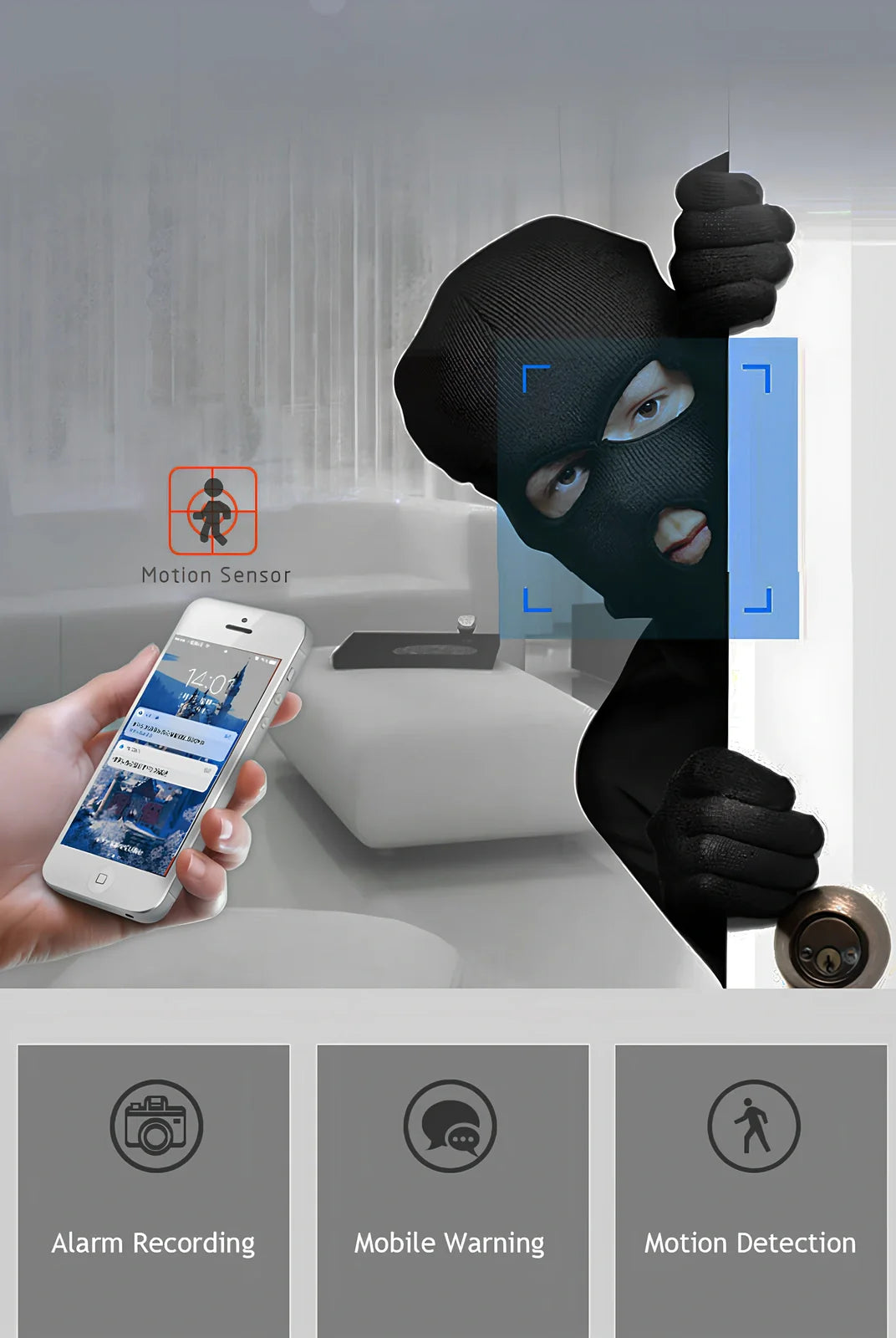 White WiFi security camera with 360 rotation and infrared night vision for home monitoring