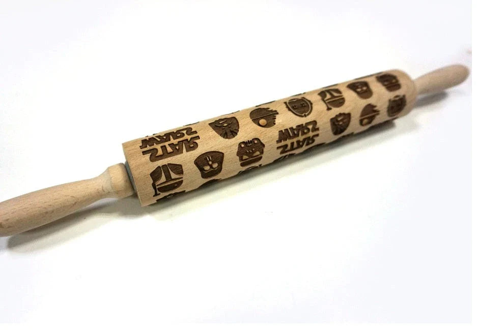 Wooden Christmas embossing rolling pin with non-stick surface for festive baking