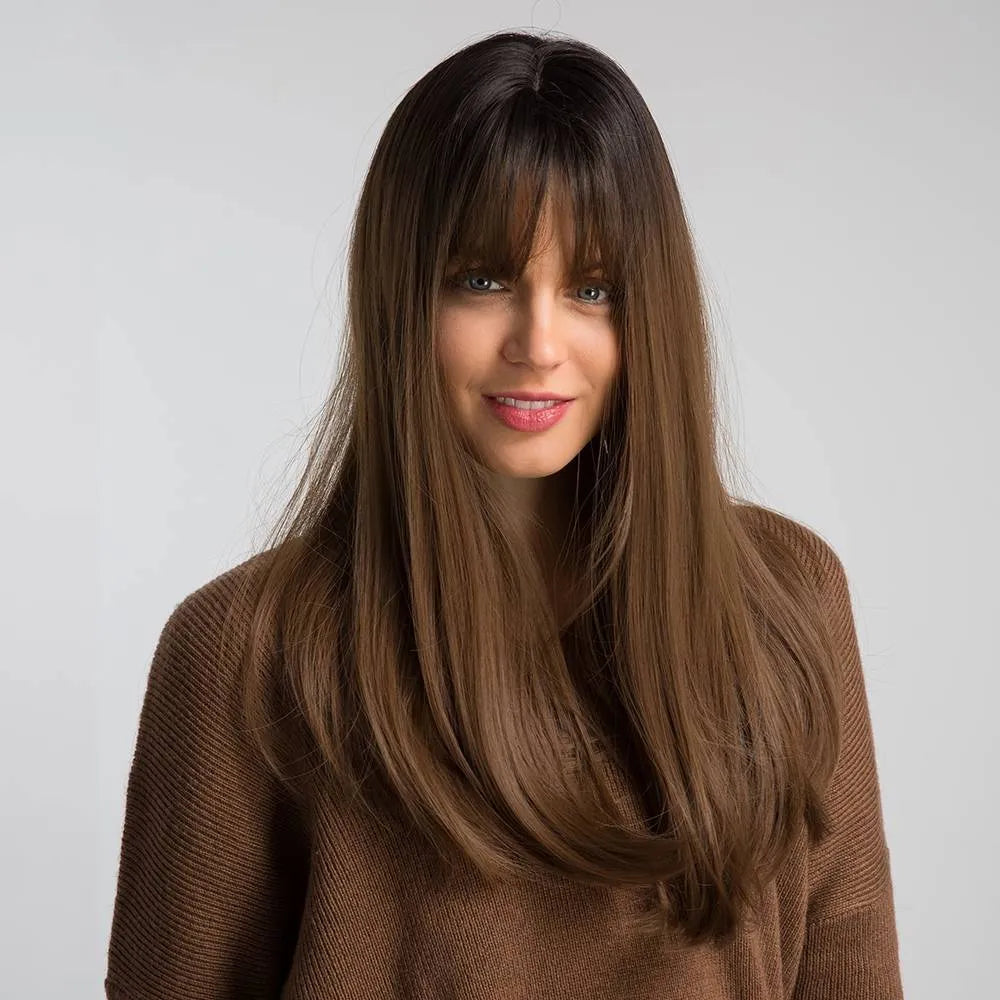 Women's long straight wig with Qi bangs in black gradient brown on a mannequin head