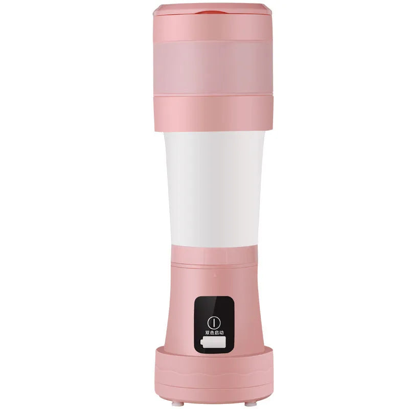 Blue mini portable blender with stainless steel blades, shown extended and folded next to a USB cable.