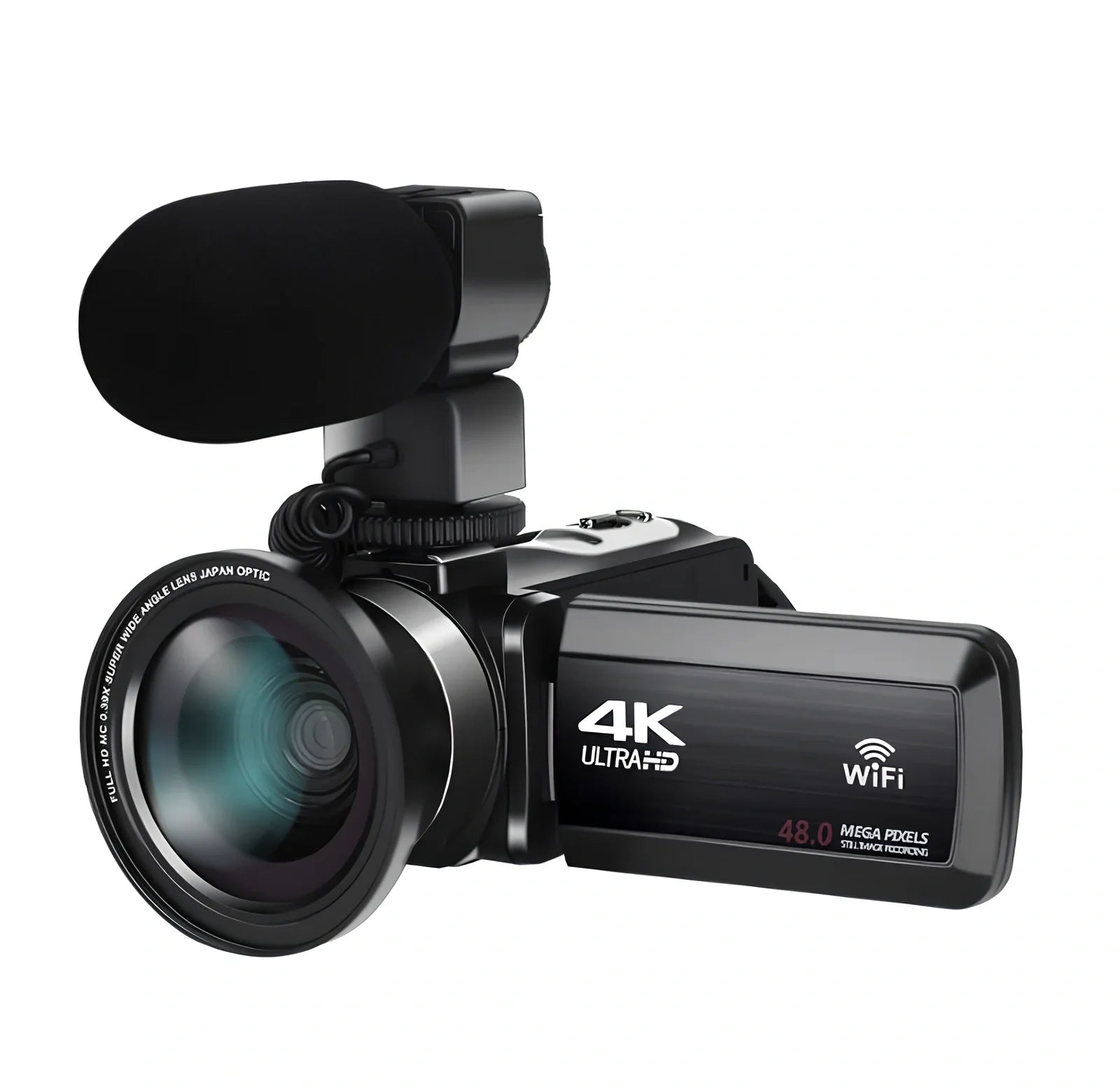 Black 3.0 inch touch screen 4K digital video camera with WiFi, remote, and 18x zoom lens