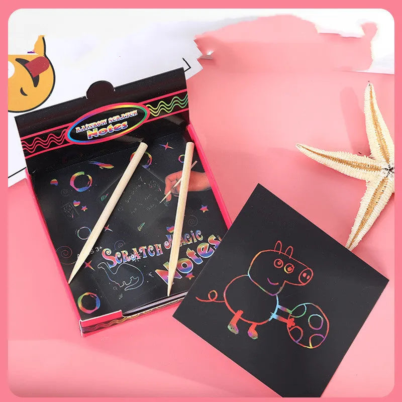 Colourful trumpet scratch painting kit showing 100 paper sheets in colour box packaging