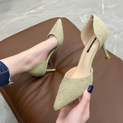 Women's black stiletto heel shoes with 6-8cm height, PU upper, rubber sole, size 36 fitting 230mm foot