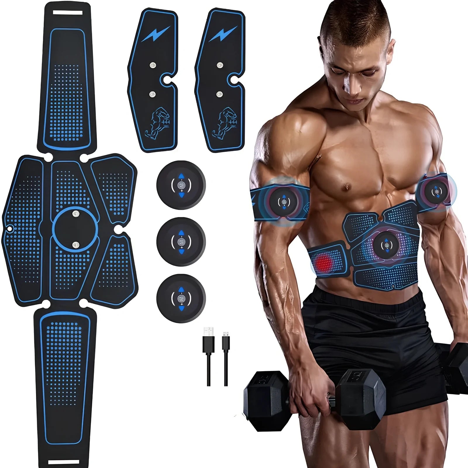 USB-rechargeable EMS abdominal muscle trainer with six electrode pads and digital control unit