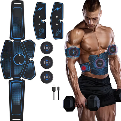 USB-rechargeable EMS abdominal muscle trainer with six electrode pads and digital control unit