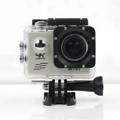 Black 4K HD motion camera with 2.0-inch display and 170-degree lens, dimensions 29.8x59.2x41mm for action sports