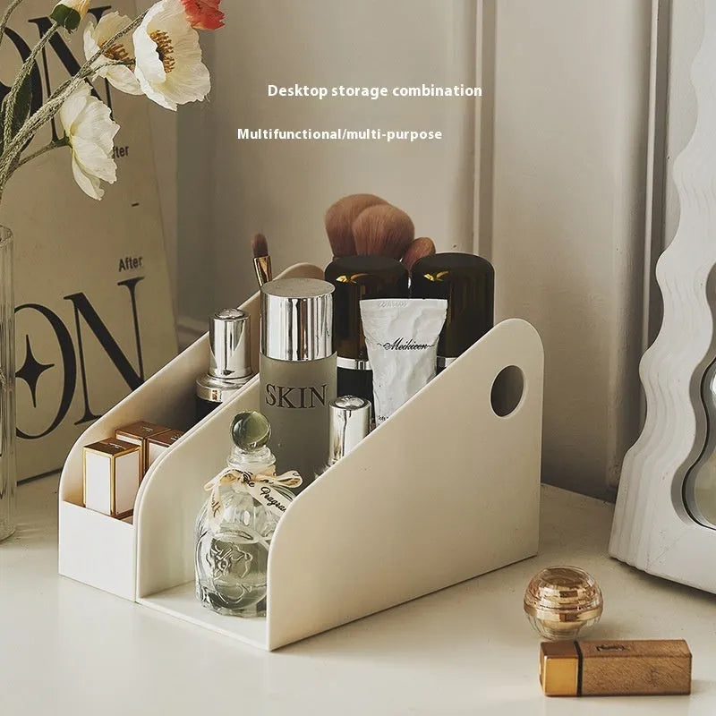 Plastic desktop storage box with two grids in milk coffee colour on a wooden desk.