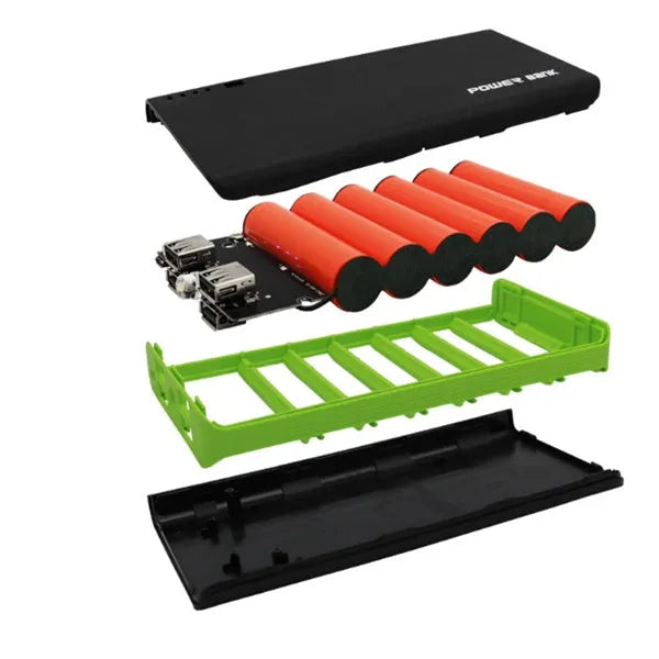 A 20000mAh portable power bank in multiple colours, showing its compact size and fast-charging ports.